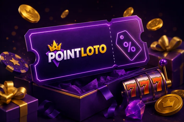 Ілюстрація промокоду Pointloto: купон із логотипом казино серед подарунків і фішок